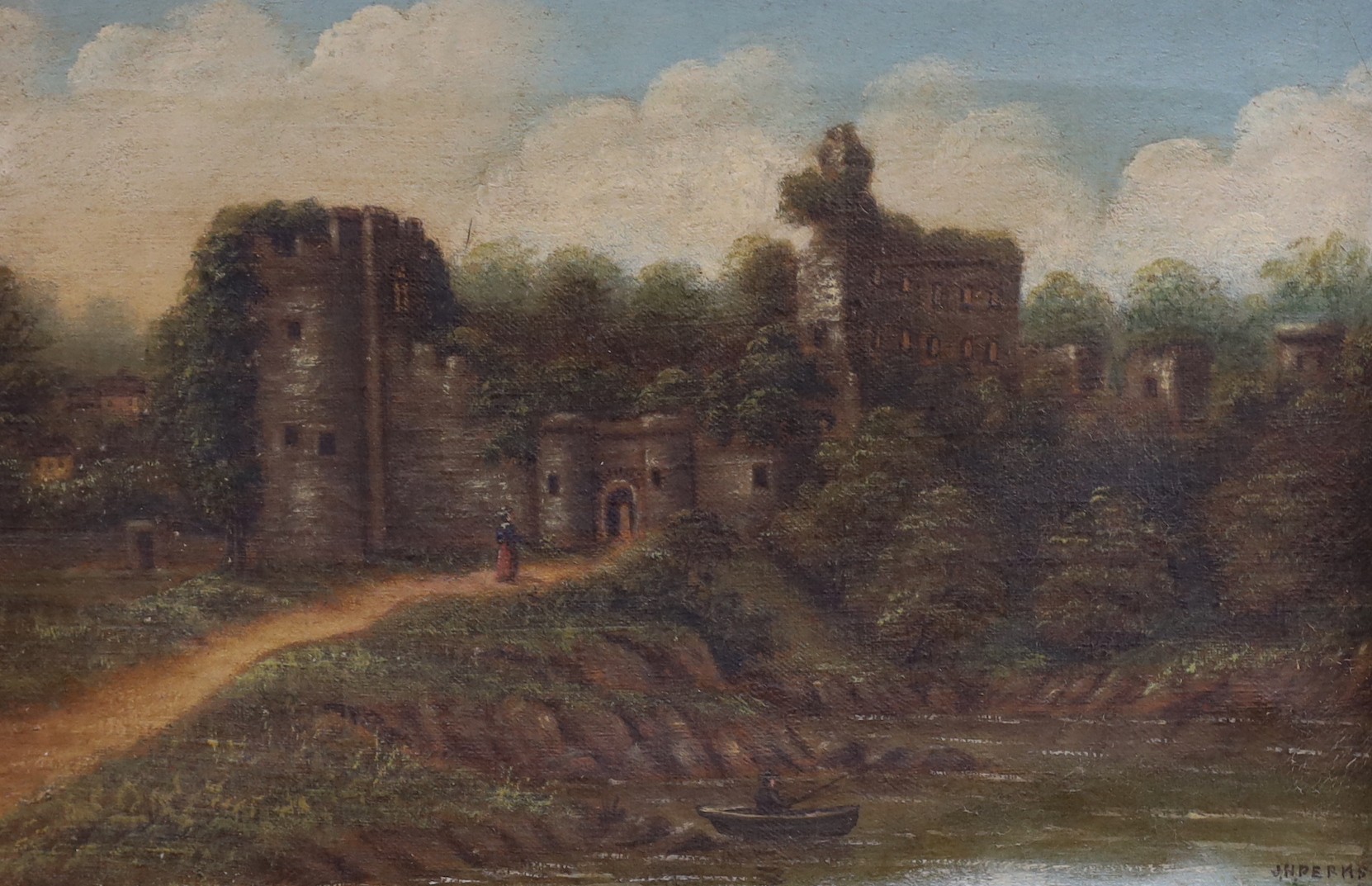 J.H. Perks, pair of oils on canvas, Views of castles in summer and winter, one signed, 30 x 45cm
